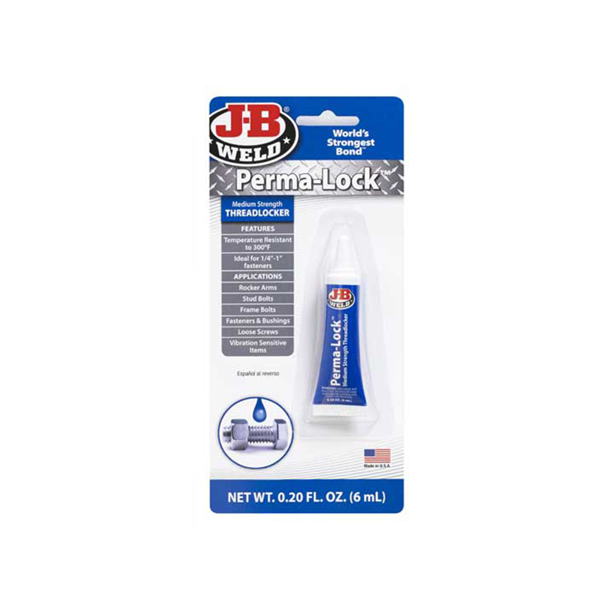 JB Weld Perma-Lock Medium Strength Threadlocker — 6ml, Blue, Carded Bottle, Model# JBW24206